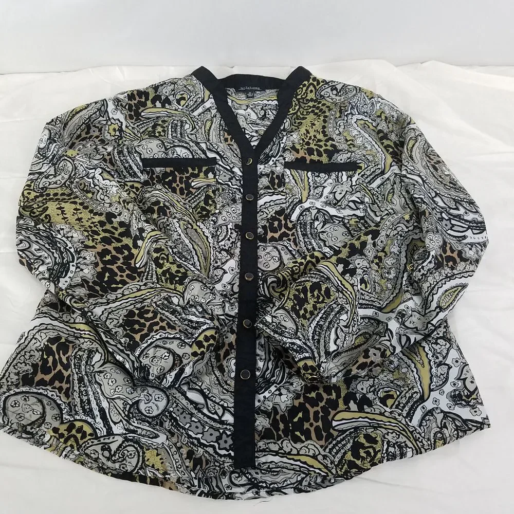 Notations Shirt Women Medium Top Paisley Long Sleeve Split Neck Pocket Button Up - Picture 3 of 11